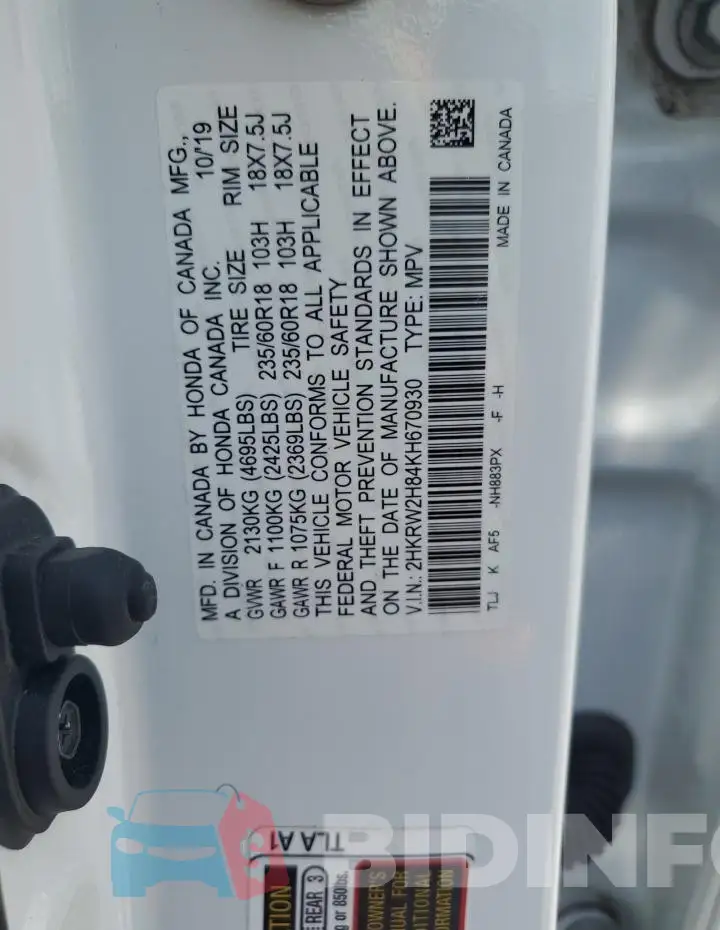 2HKRW2H84KH670930 Photo# 13