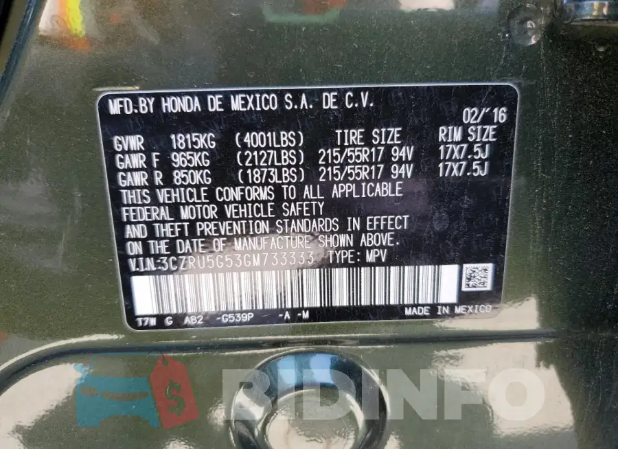 3CZRU5G53GM733333 Photo# 14