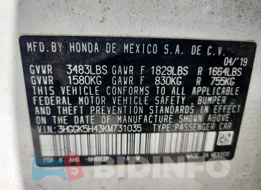 3HGGK5H43KM731035 Photo# 12