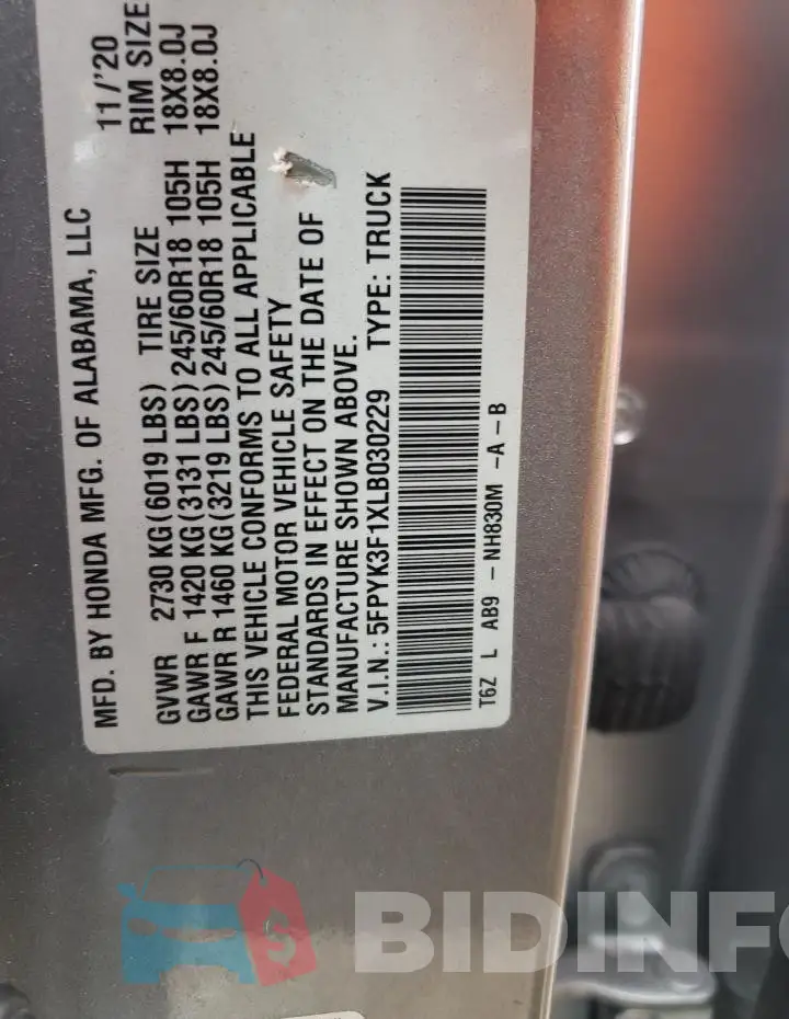 5FPYK3F1XLB030229 Photo# 12