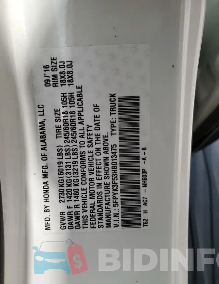 5FPYK3F53HB013475 Photo# 13