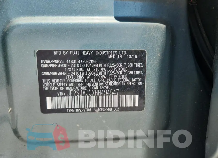 JF2SJAJCXHH494547 Photo# 14
