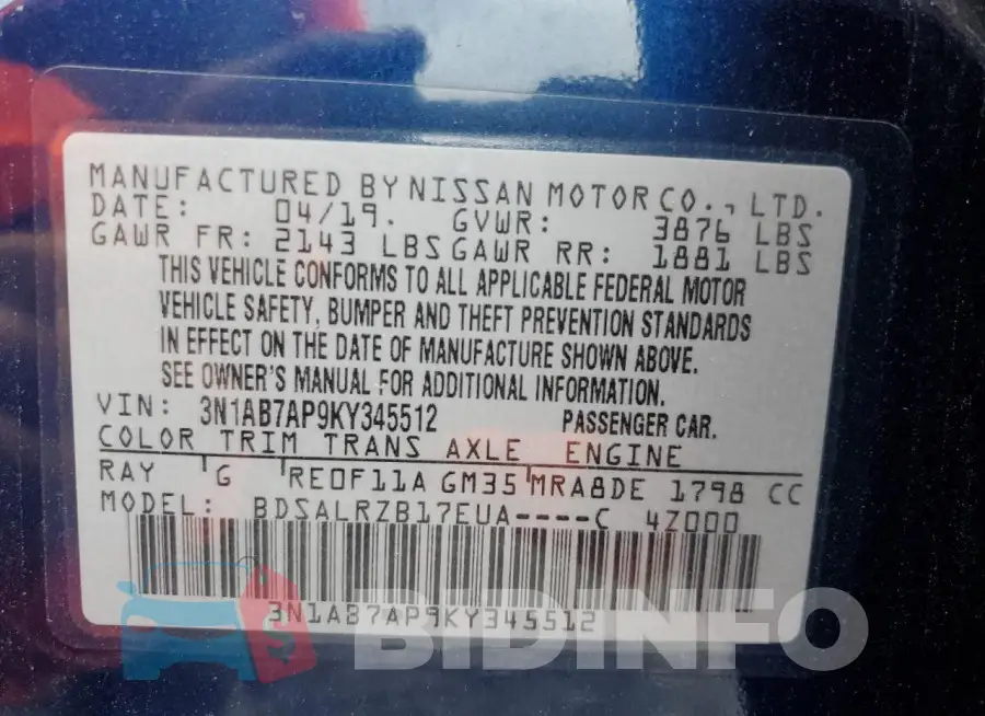 3N1AB7AP9KY345512 Photo# 12
