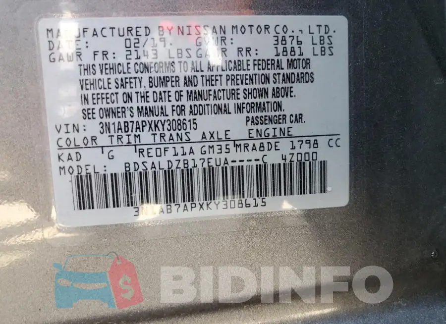 3N1AB7APXKY308615 Photo# 13