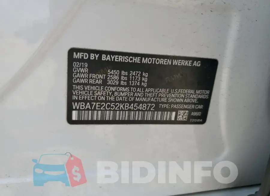 WBA7E2C52KB454872 Photo# 13