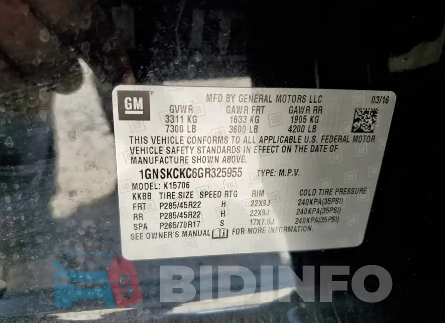 1GNSKCKC6GR325955 Photo# 14