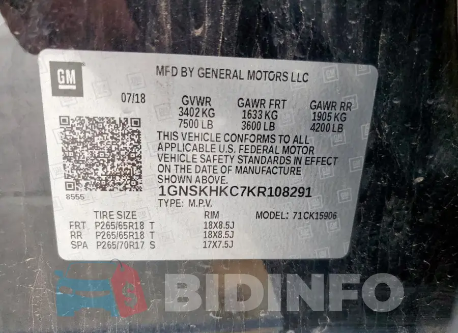 1GNSKHKC7KR108291 Photo# 13
