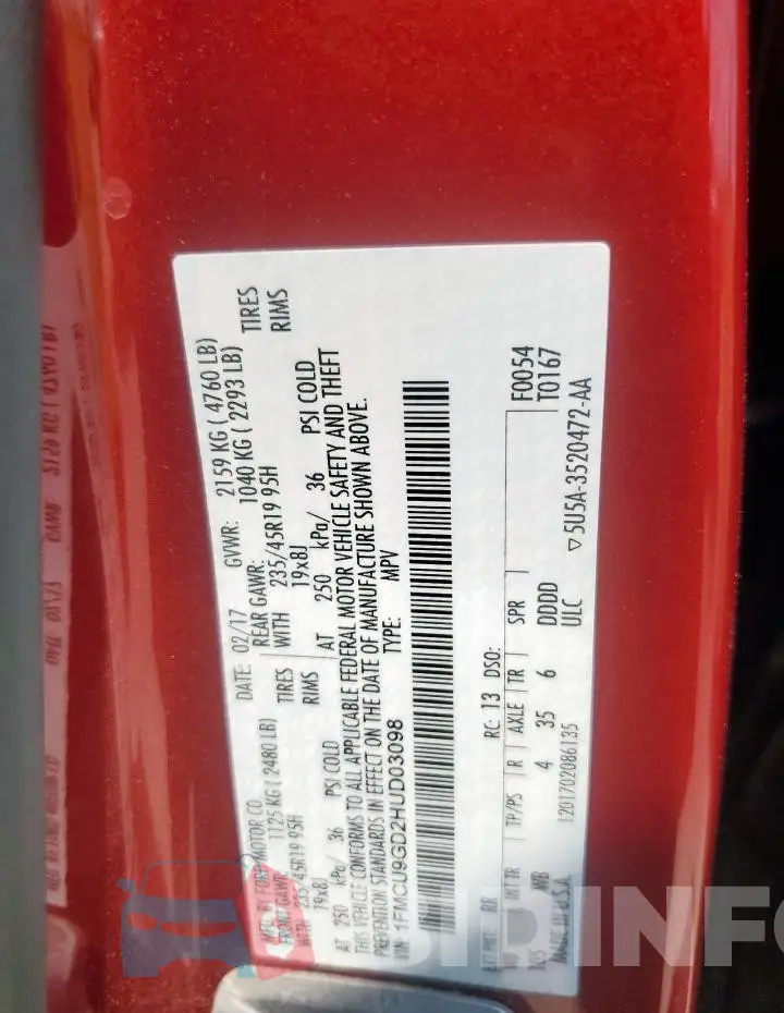 1FMCU9GD2HUD03098 Photo# 13