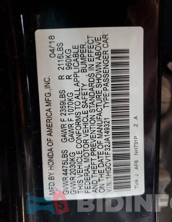 1HGCV1F32JA149321 Photo# 12
