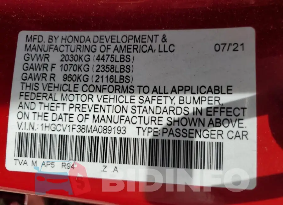 1HGCV1F38MA089193 Photo# 13