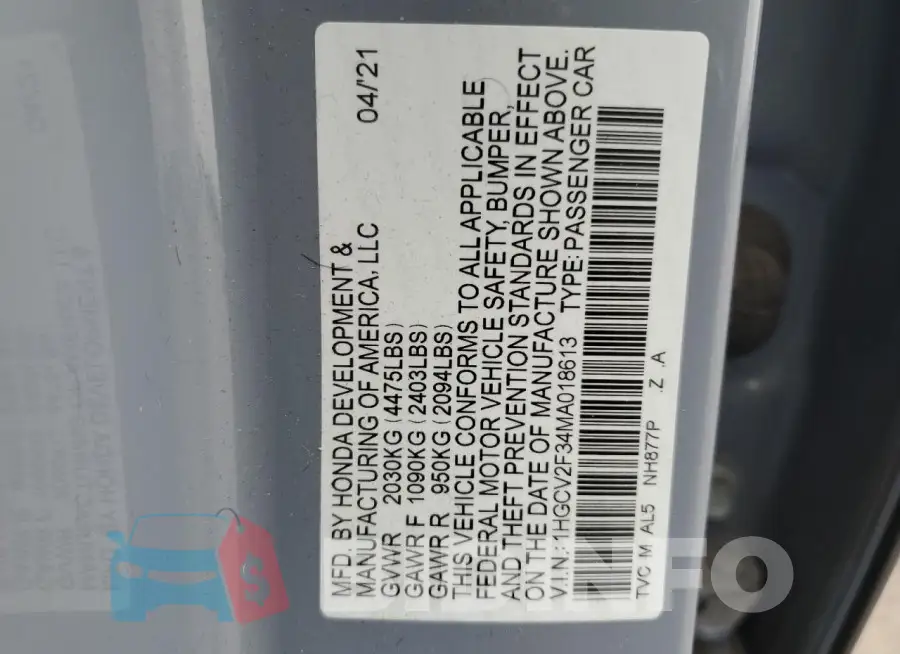 1HGCV2F34MA018613 Photo# 12
