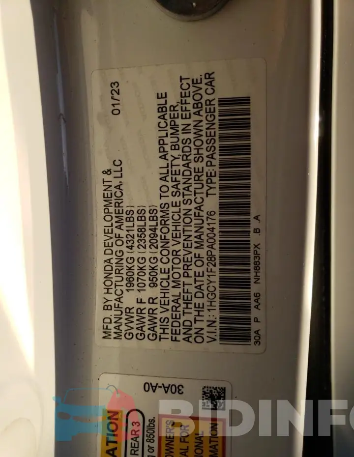 1HGCY1F28PA004176 Photo# 12