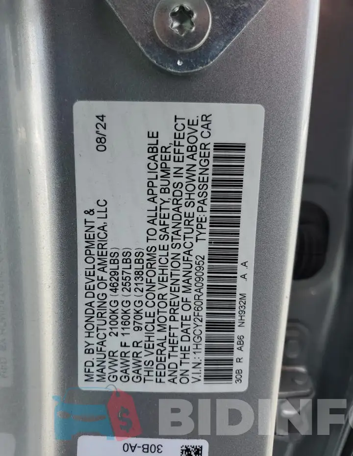 1HGCY2F60RA090952 Photo# 12