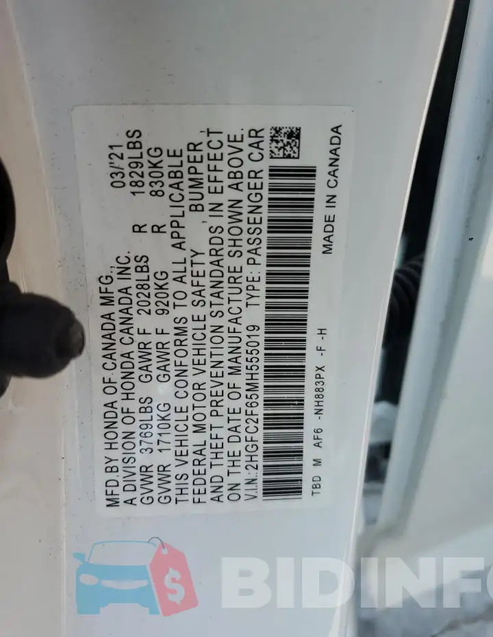 2HGFC2F65MH555019 Photo# 12