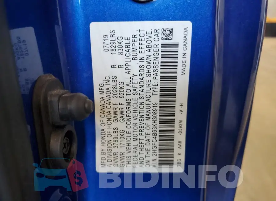 2HGFC4B63KH308919 Photo# 12