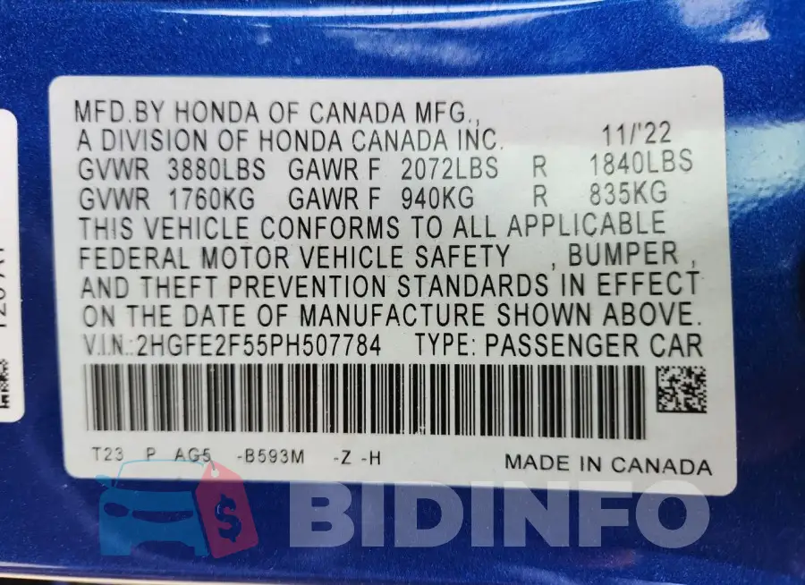 2HGFE2F55PH507784 Photo# 13