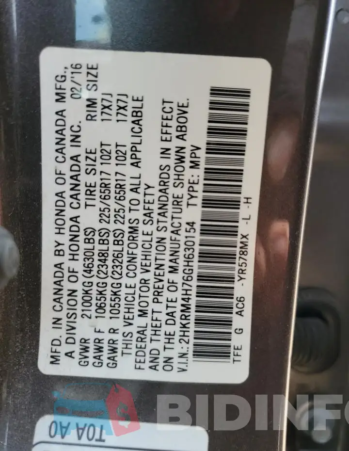 2HKRM4H76GH630154 Photo# 13