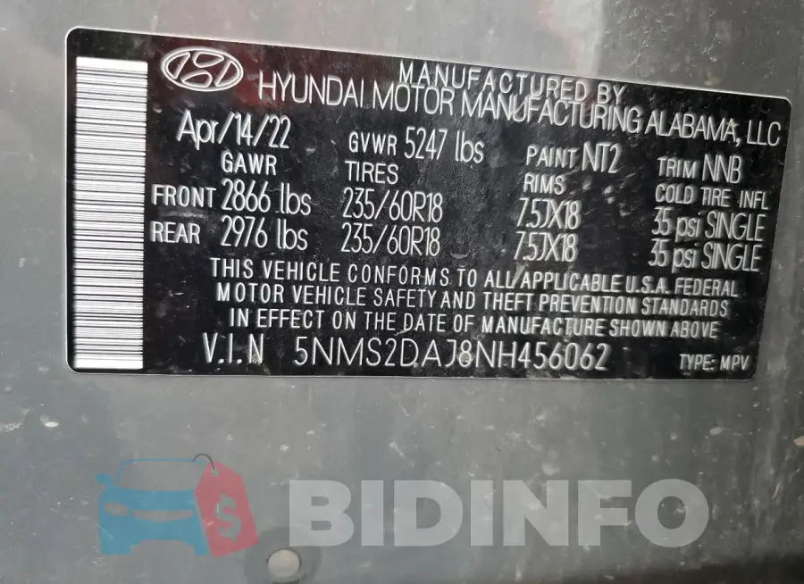 5NMS2DAJ8NH456062 Photo# 14