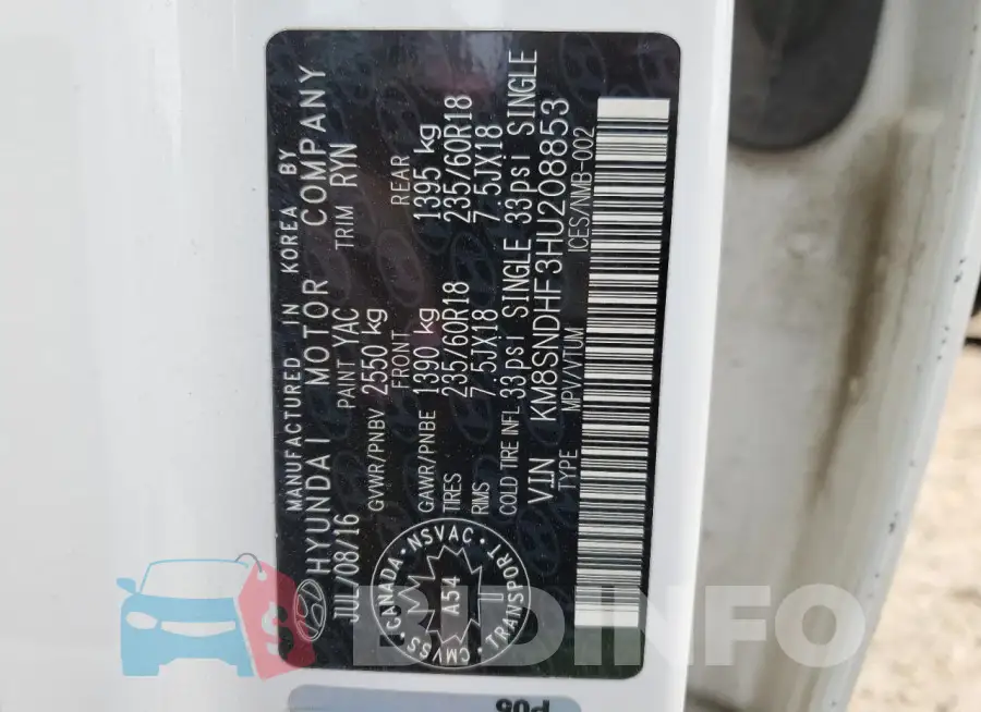 KM8SNDHF3HU208853 Photo# 13