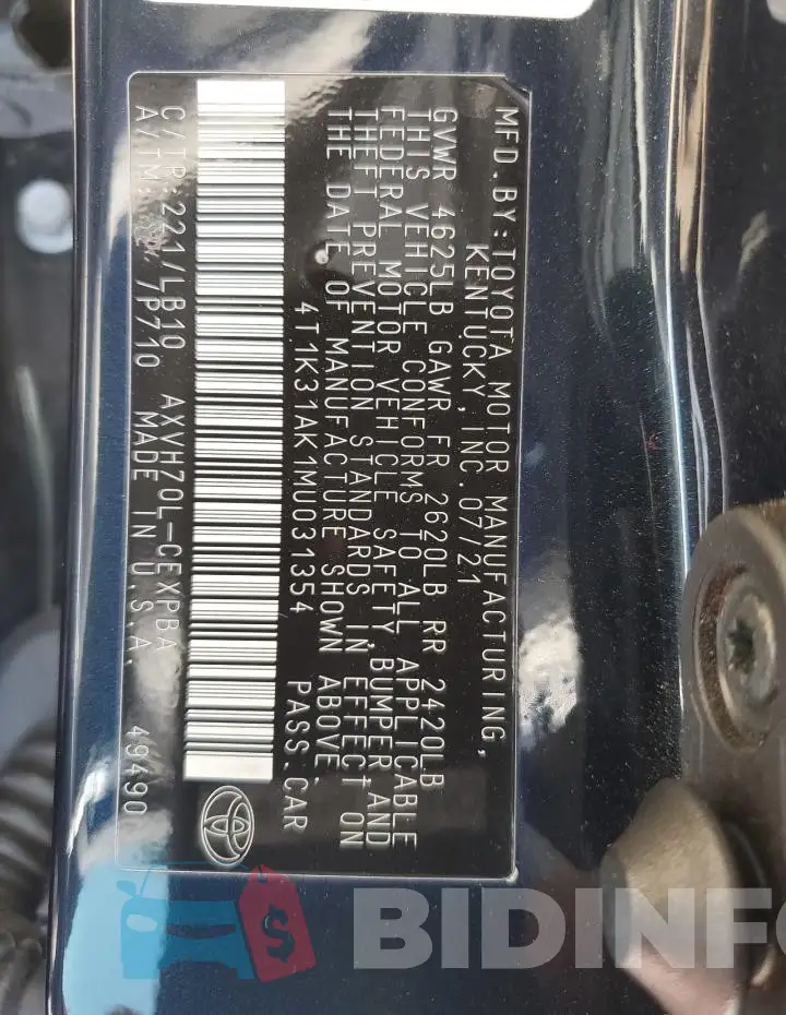 4T1K31AK1MU031354 Photo# 12