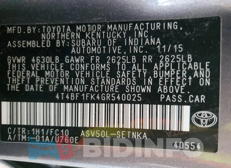 4T4BF1FK4GR540025 Photo# 12