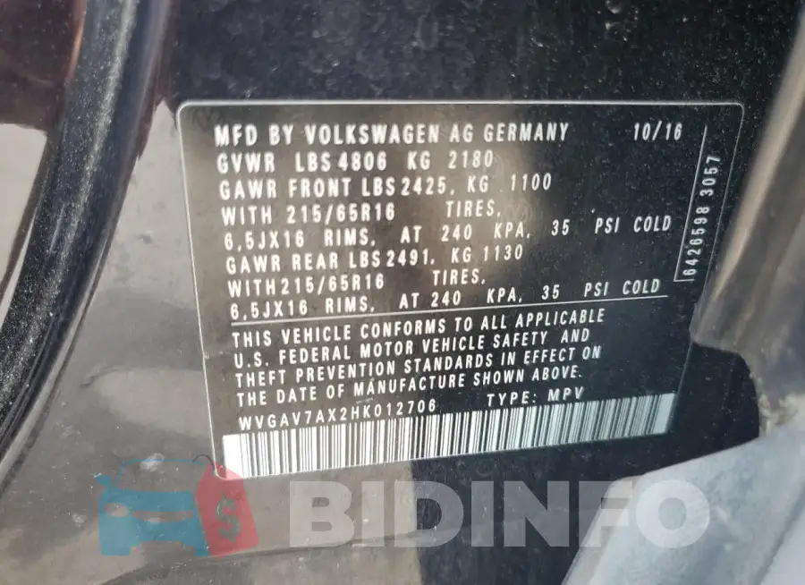WVGAV7AX2HK012706 Photo# 12