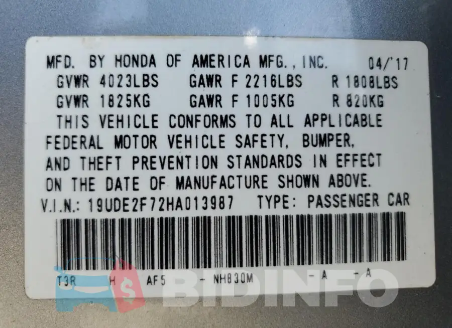 19UDE2F72HA013987 Photo# 12