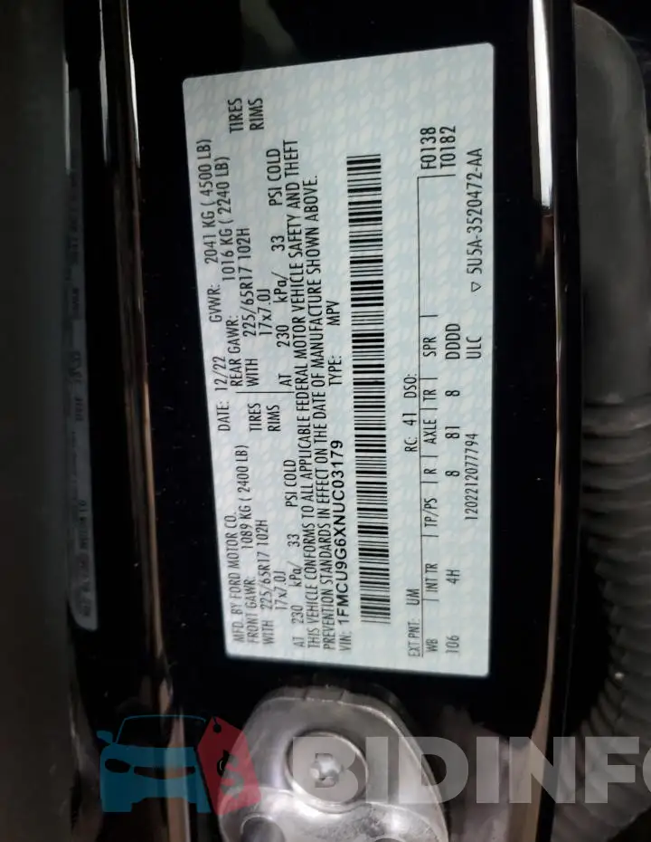1FMCU9G6XNUC03179 Photo# 14