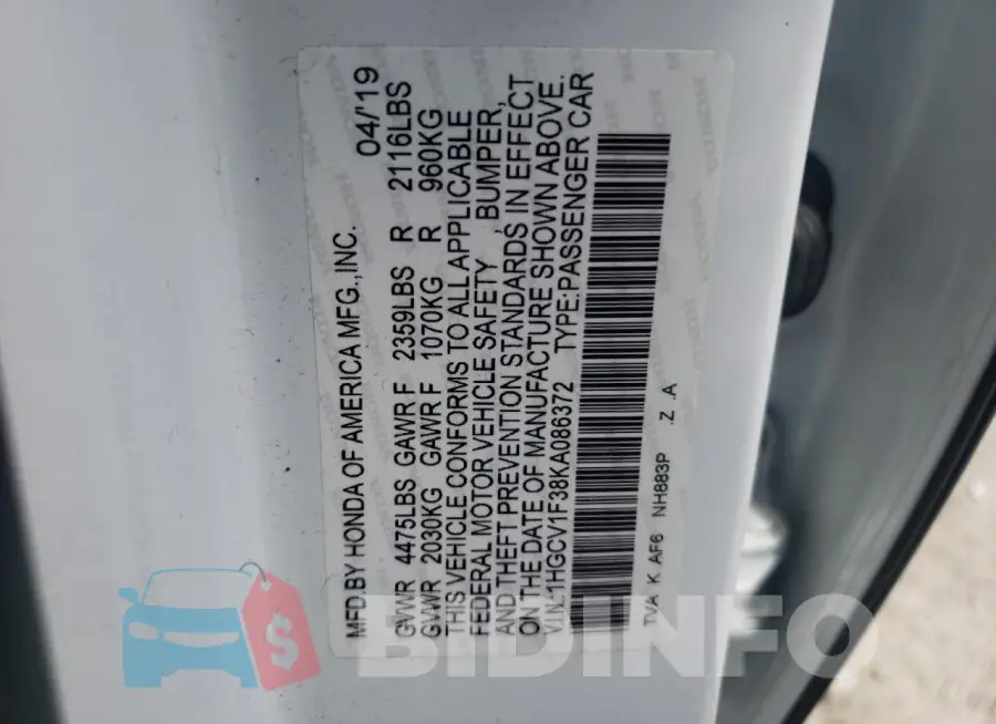 1HGCV1F38KA086372 Photo# 12