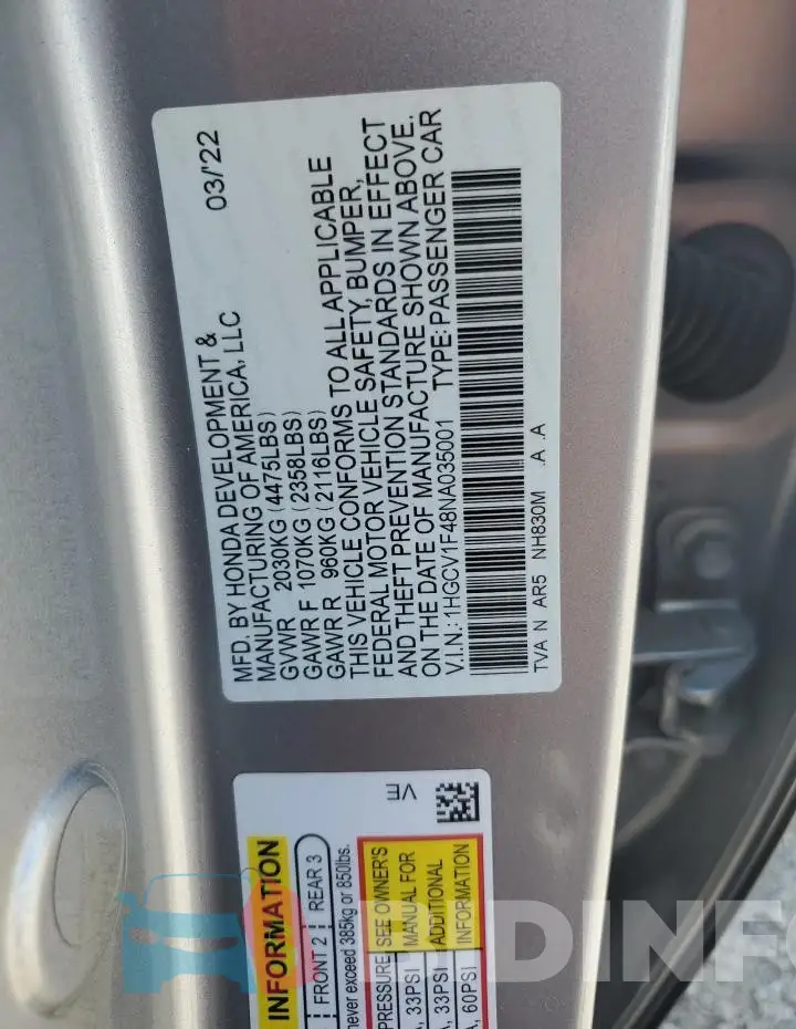 1HGCV1F48NA035001 Photo# 12