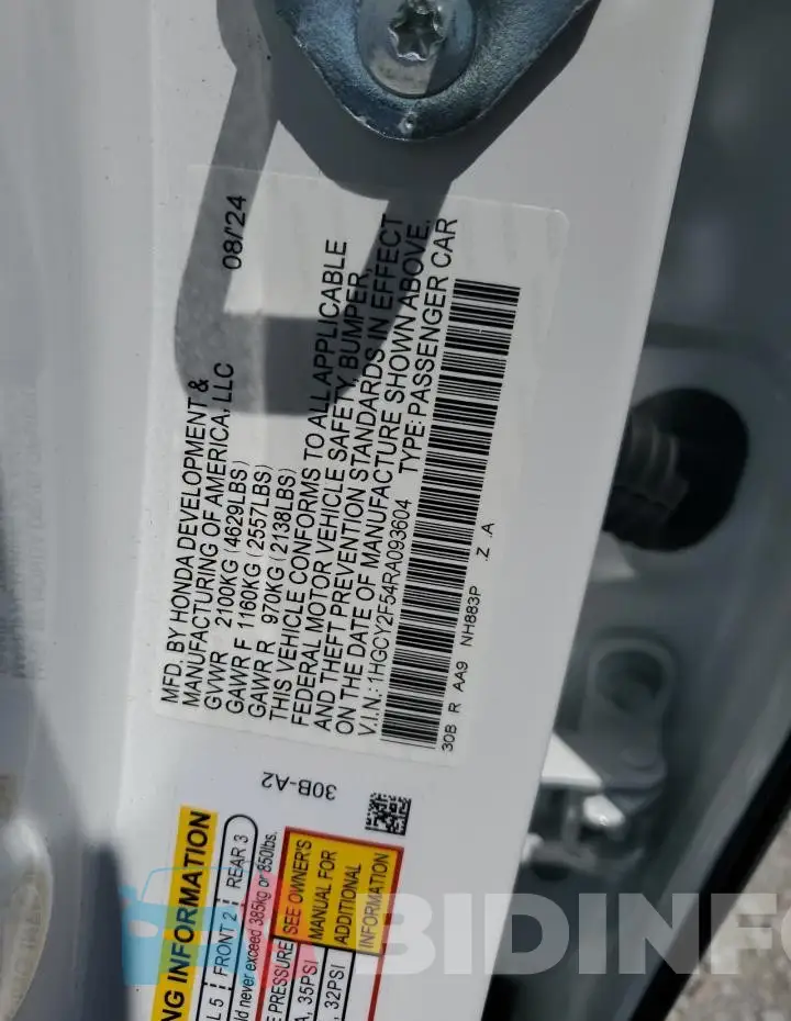 1HGCY2F54RA093604 Photo# 12