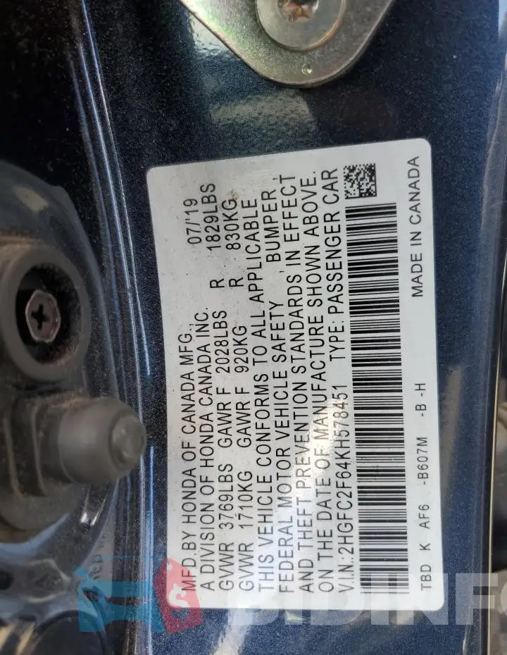 2HGFC2F64KH578451 Photo# 12