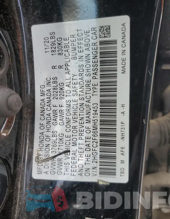 2HGFC2F66MH519453 Photo# 12