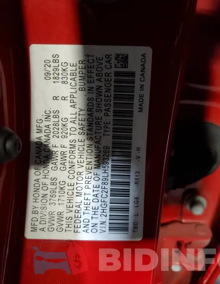 2HGFC2F89LH593269 Photo# 13