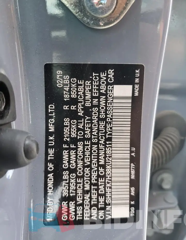 SHHFK7H38KU218511 Photo# 13