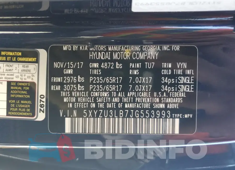 5XYZU3LB7JG553993 Photo# 13