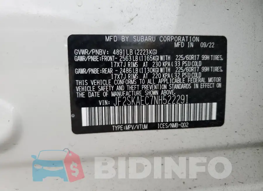 JF2SKAEC7NH522291 Photo# 13