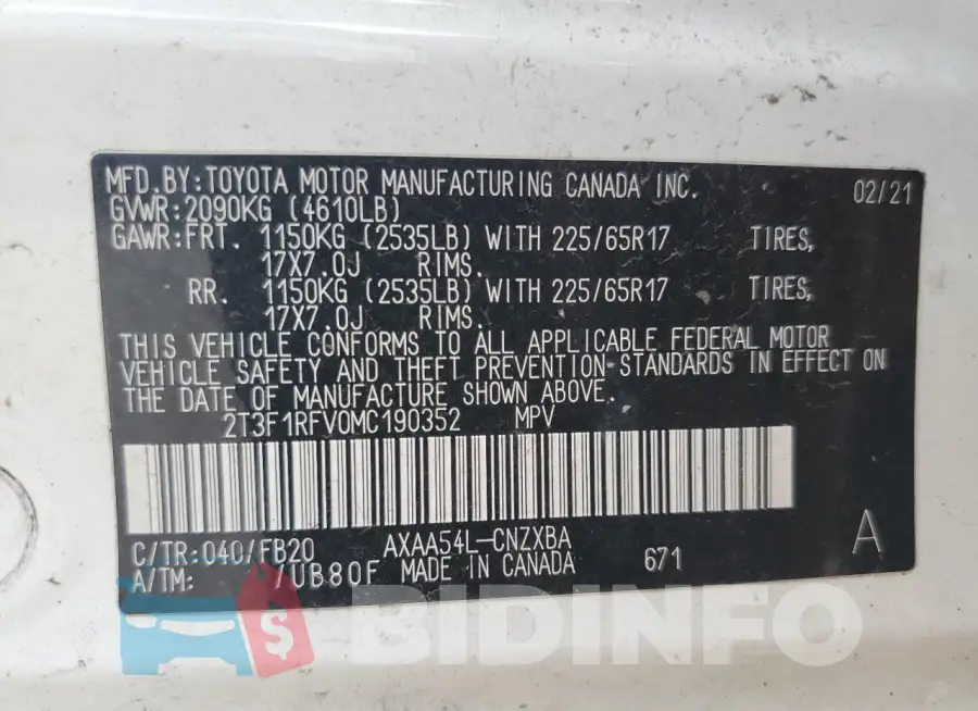 2T3F1RFV0MC190352 Photo# 13