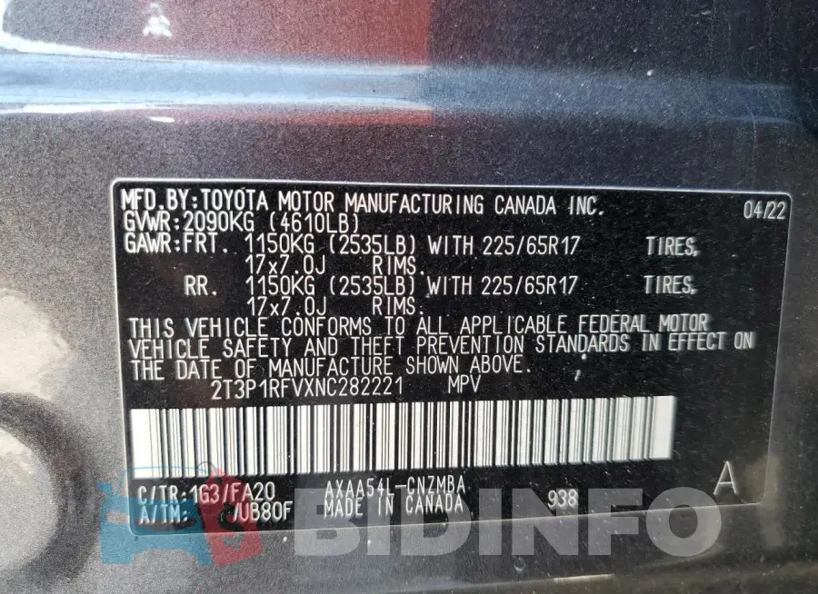 2T3P1RFVXNC282221 Photo# 13