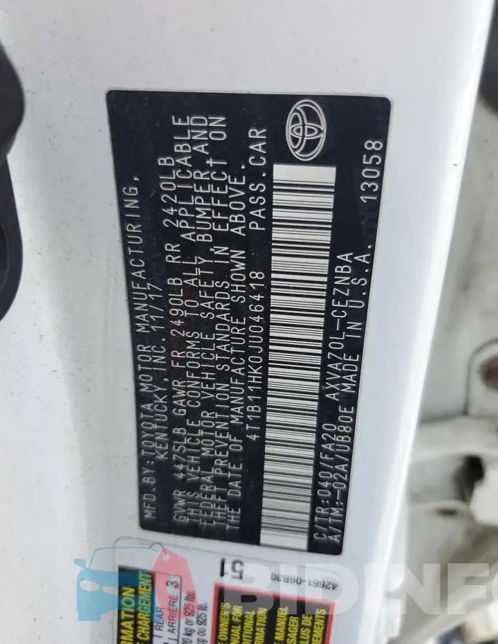 4T1B11HK0JU046418 Photo# 12
