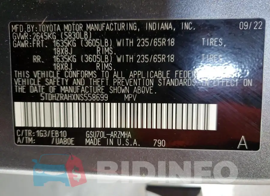 5TDHZRAHXNS558699 Photo# 14
