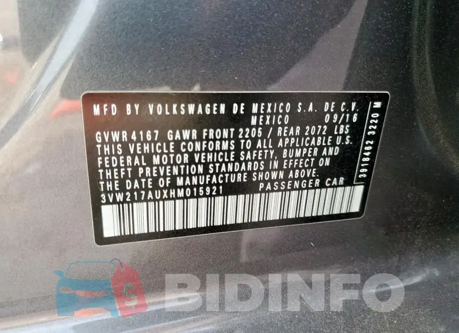 3VW217AUXHM015921 Photo# 14