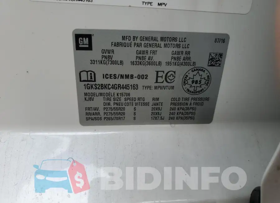 1GKS2BKC4GR445163 Photo# 13