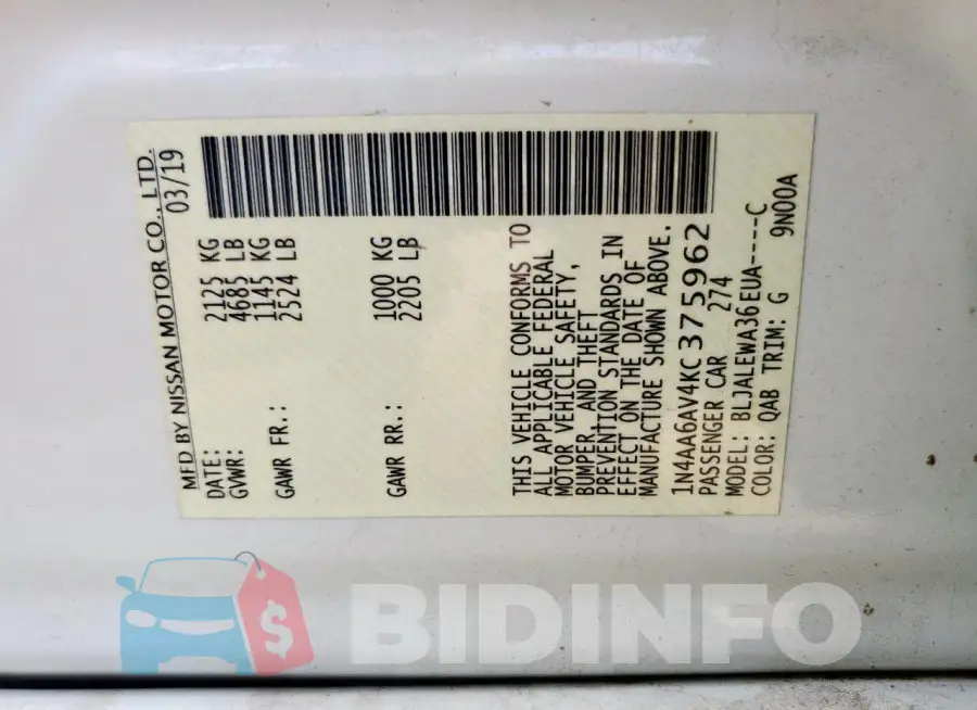1N4AA6AV4KC375962 Photo# 12