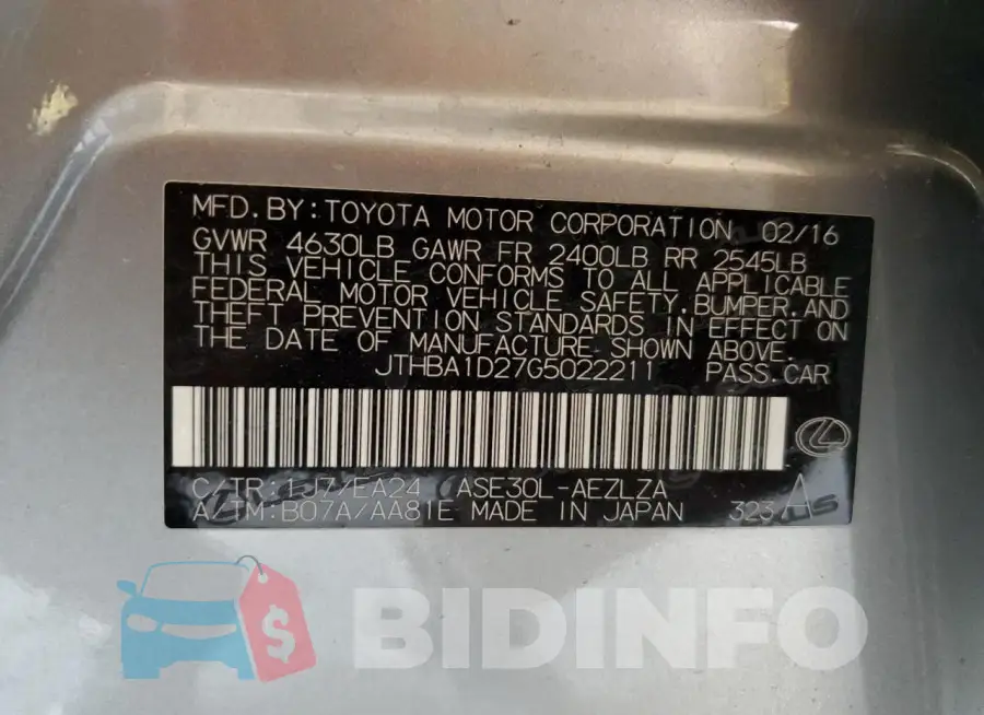 JTHBA1D27G5022211 Photo# 12