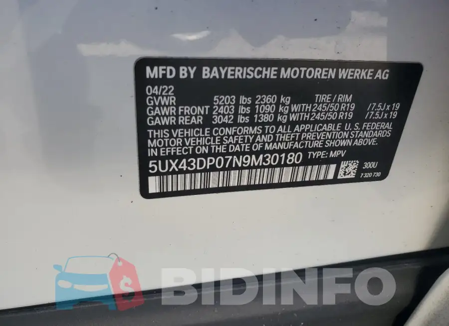 5UX43DP07N9M30180 Photo# 13