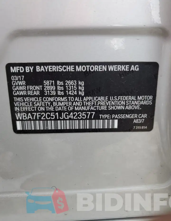WBA7F2C51JG423577 Photo# 12
