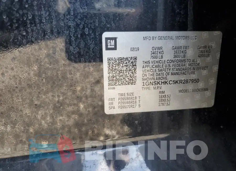 1GNSKHKC5KR287950 Photo# 13