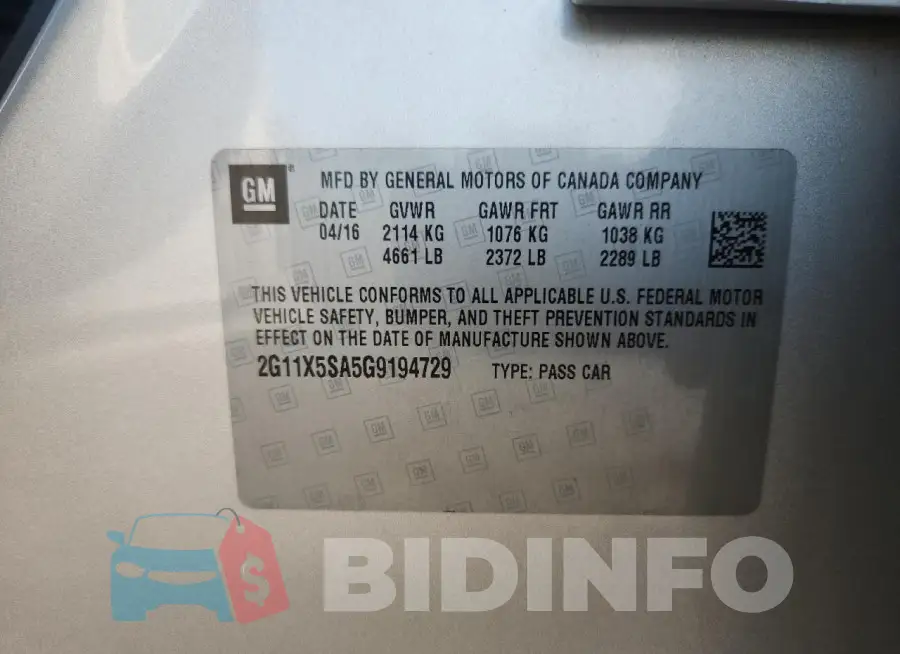 2G11X5SA5G9194729 Photo# 12