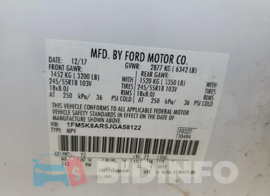 1FM5K8AR5JGA58122 Photo# 13